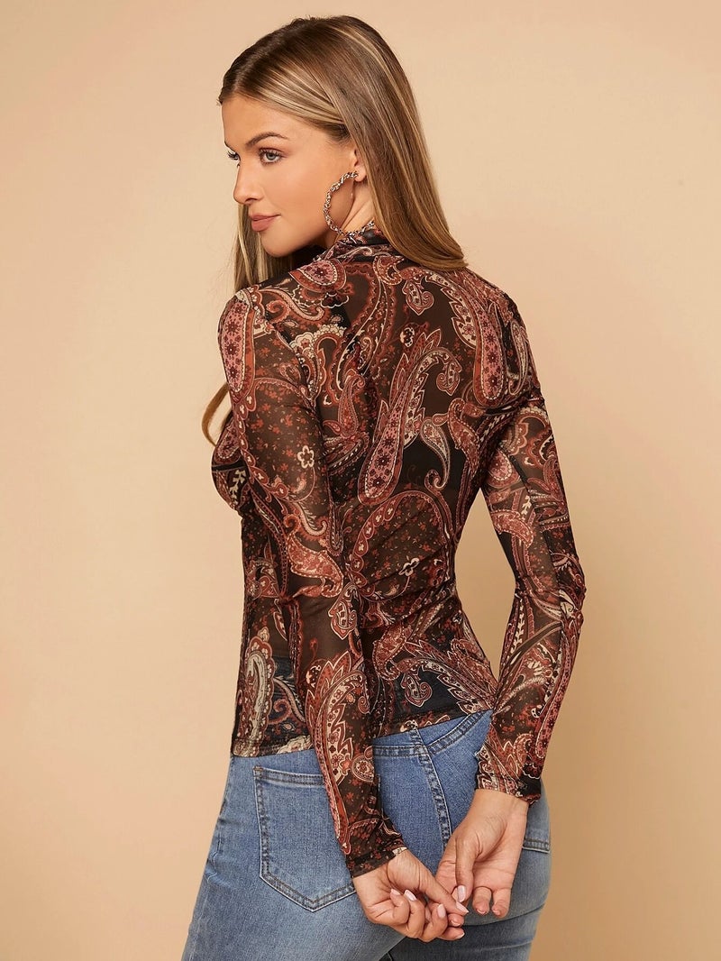 Women Paisley Print Stand Collar Mesh Long Sleeve Tunic Top - Image 2