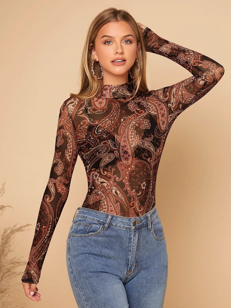 Women Paisley Print Stand Collar Mesh Long Sleeve Tunic Top - Image 5
