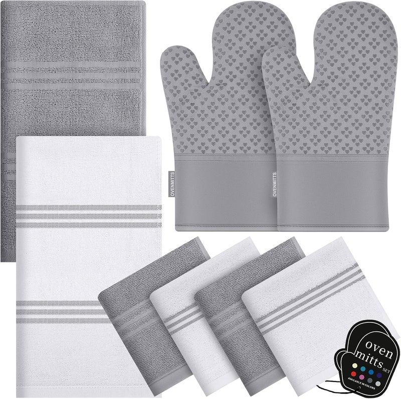 Qevooon Dish Towels and Dishcloths with Oven Mitts Sets- 100% Cotton Tea Towels for Kitchen- 500 F Heat Resistant Oven Mittens 7.5"x12", Durable Dish Cloths 11.8"x11.8", Absorbent Dish Towels 13.5"x24" - Image 1