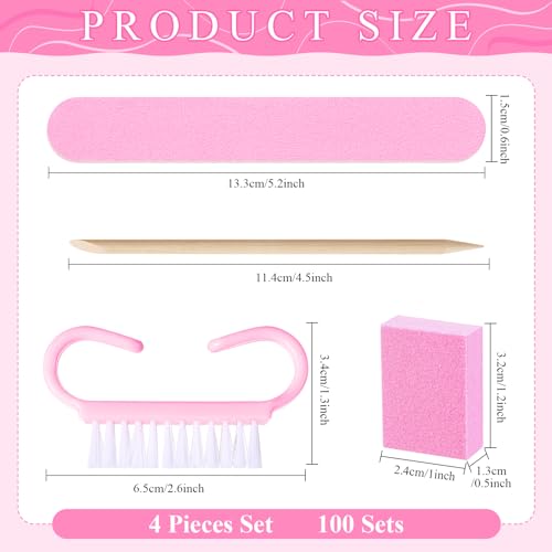 Leriton 100 Sets Mothers Day Professional Disposable Manicure Kit Basics 4 Piece Nail Kit Wood Nail File 100180 Grit Mini Buffer 80100 Grit Wood Stick and Handle Grip Brush GiftsPink - Image 3