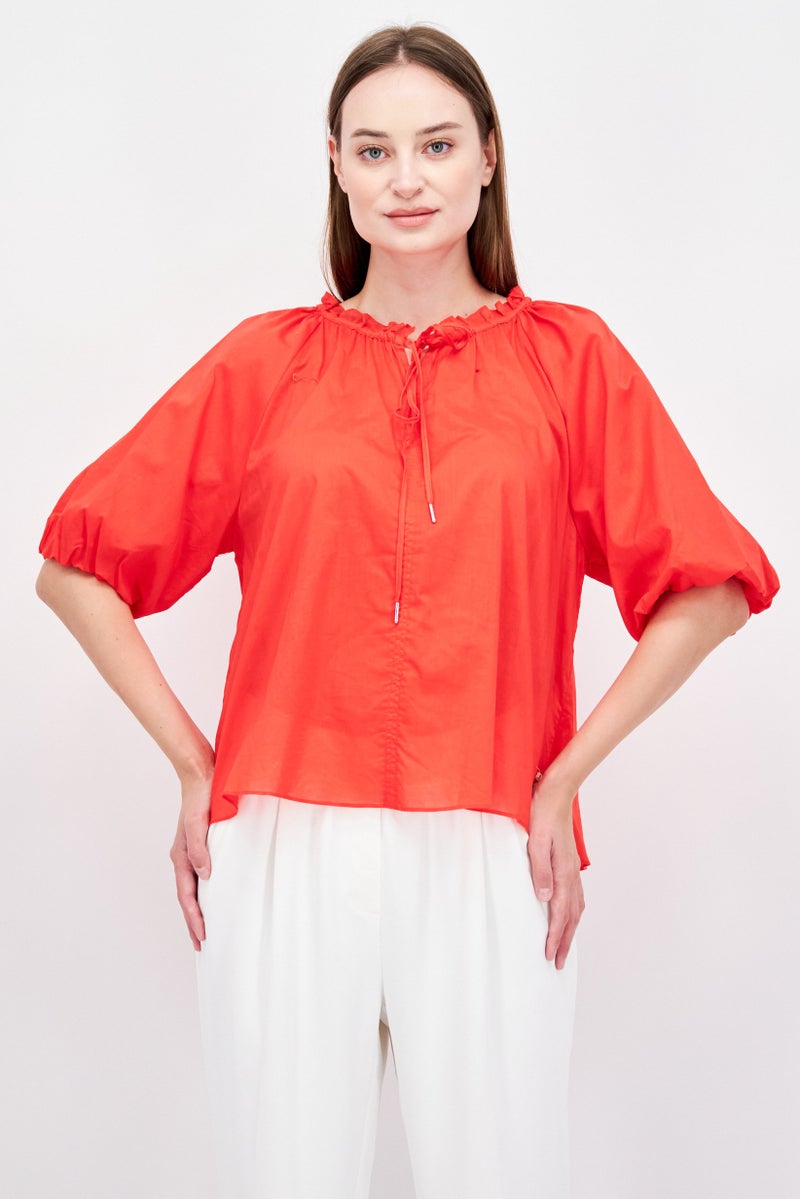 Jones New York Women Tie Neck 3/4 Sleeves Plain Top, Red - Image 1