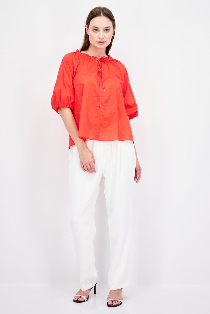 Jones New York Women Tie Neck 3/4 Sleeves Plain Top, Red - Image 3