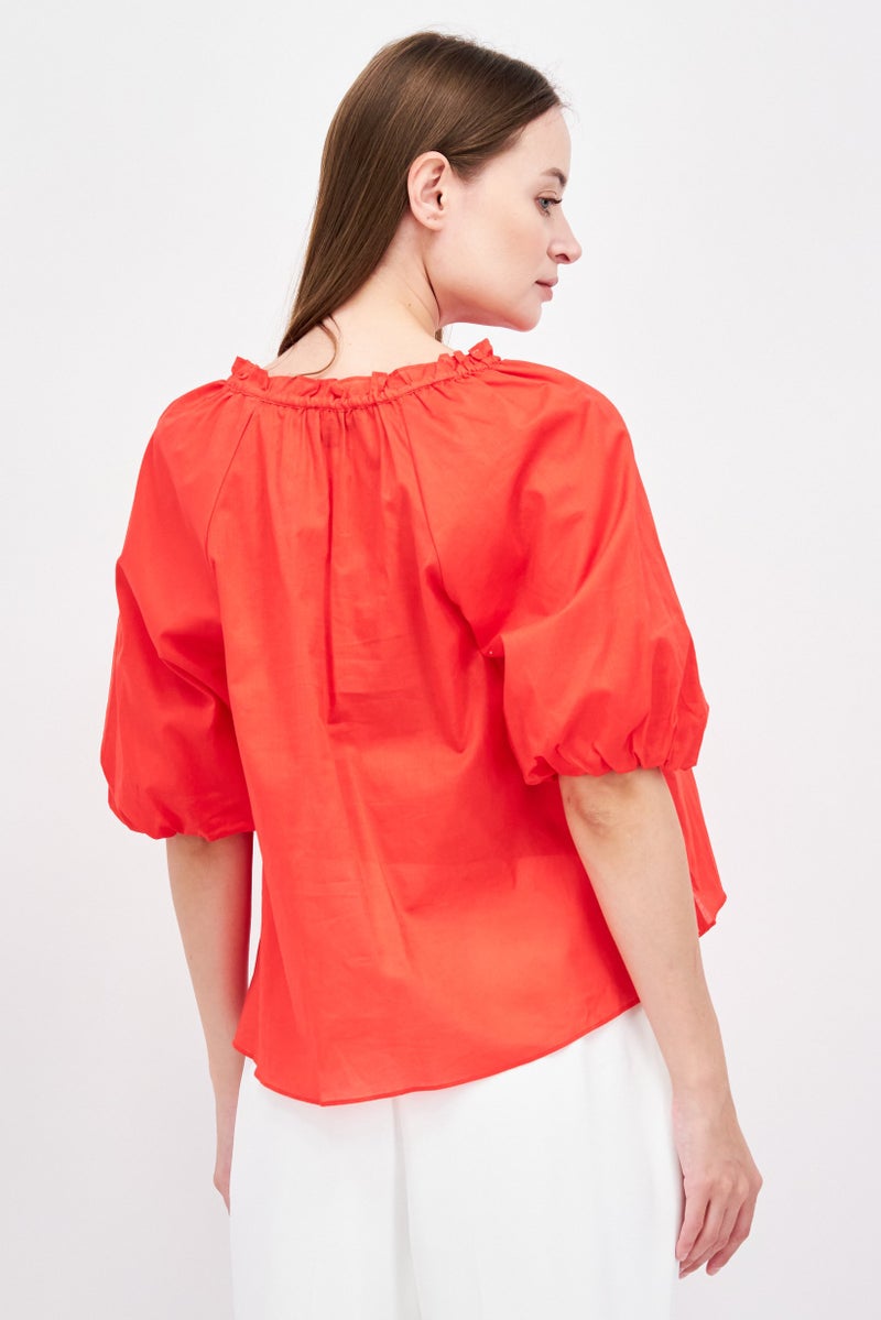 Jones New York Women Tie Neck 3/4 Sleeves Plain Top, Red - Image 2