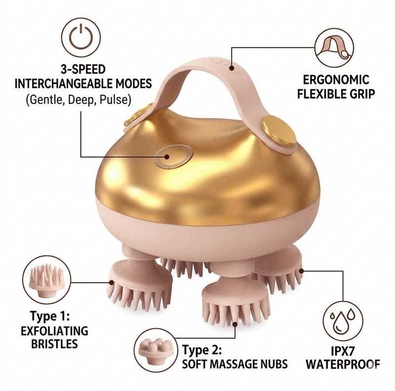 Electric Scalp Massager, Waterproof Head Massager with 8 Interchangeable Heads, Rechargeable Hair Growth Scrubber, 3 Speed Deep Cleaning Brush for Stress Relief, Home and Travel - Image 4