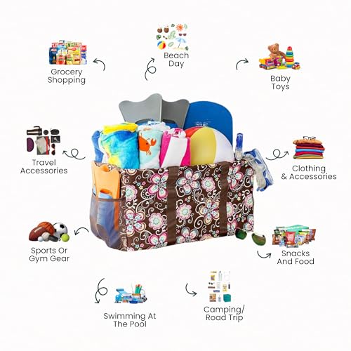 Lucazzi Extra Large Utility Tote Bag - Oversized Collapsible Reusable Wire Frame Rectangular Canvas Basket With Two Exterior Pockets For Beach, Pool, Laundry, Car Trunk, Storage - Brown Daisy - Image 3