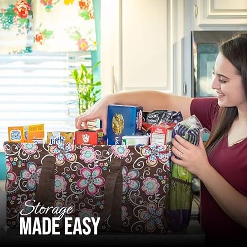 Lucazzi Extra Large Utility Tote Bag - Oversized Collapsible Reusable Wire Frame Rectangular Canvas Basket With Two Exterior Pockets For Beach, Pool, Laundry, Car Trunk, Storage - Brown Daisy - Image 2