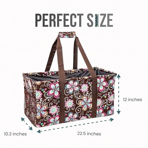 Lucazzi Extra Large Utility Tote Bag - Oversized Collapsible Reusable Wire Frame Rectangular Canvas Basket With Two Exterior Pockets For Beach, Pool, Laundry, Car Trunk, Storage - Brown Daisy - Image 4