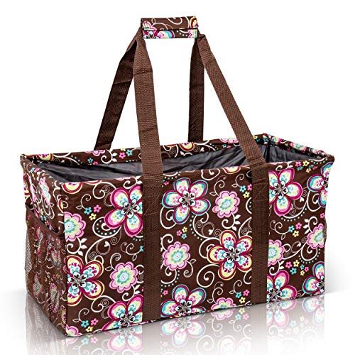 Lucazzi Extra Large Utility Tote Bag - Oversized Collapsible Reusable Wire Frame Rectangular Canvas Basket With Two Exterior Pockets For Beach, Pool, Laundry, Car Trunk, Storage - Brown Daisy - Image 1