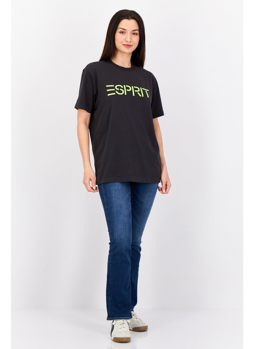 ESPRIT - Women Crew Neck Short Sleeve Brand Logo T-Shirt, Black - Image 1