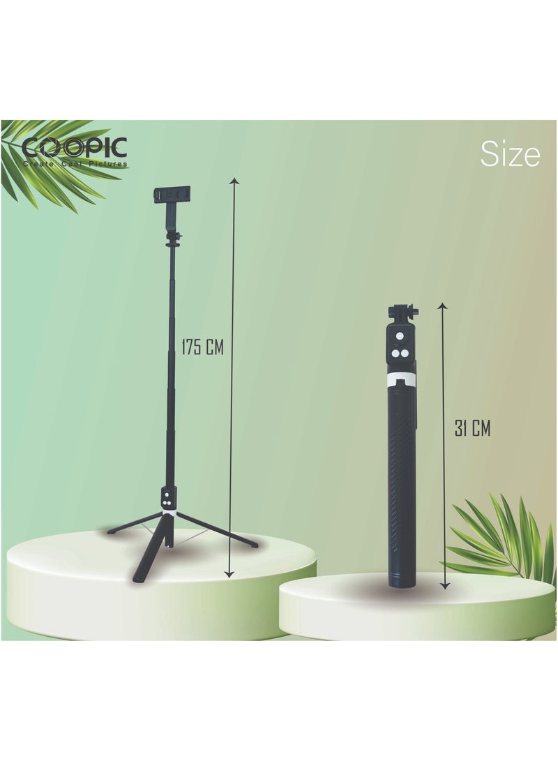 COOPIC T12(Black) 175cm Versatile Selfie Stick tripod with 360° Rotation mobile holder and rechargeable Bluetooth system Capture Smooth, Steady Shots in Any Situation - Image 4