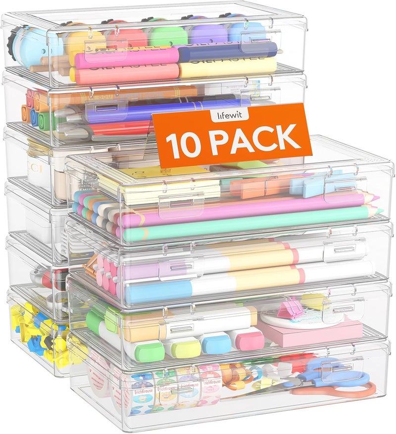 Lifewit Plastic Pencil Box with Snap-tight Lid, Large Capacity Hard Pencil Case, Stackable Craft organizer for Art Supply, Office, 10 Pack - Image 1