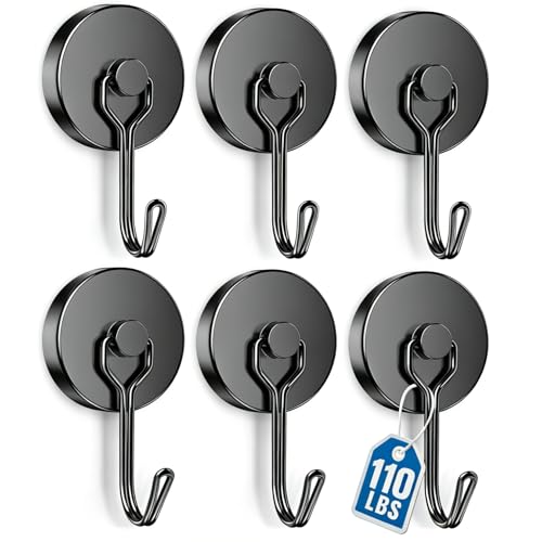 Grtard 110LBS Strong Magnetic Hooks 6 Pack Swivel Swing Magnetic Hooks Heavy Duty Black Neodymium Magnet Hooks for Cruise Cabin Magnets with Hooks for Refrigerator Grill Classroom Garage - Image 1