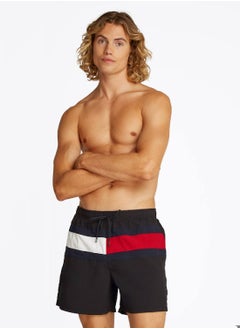 TOMMY HILFIGER Men's Hilfiger Flag Mid Length Swim Shorts - Nylon, Black  - Image 1