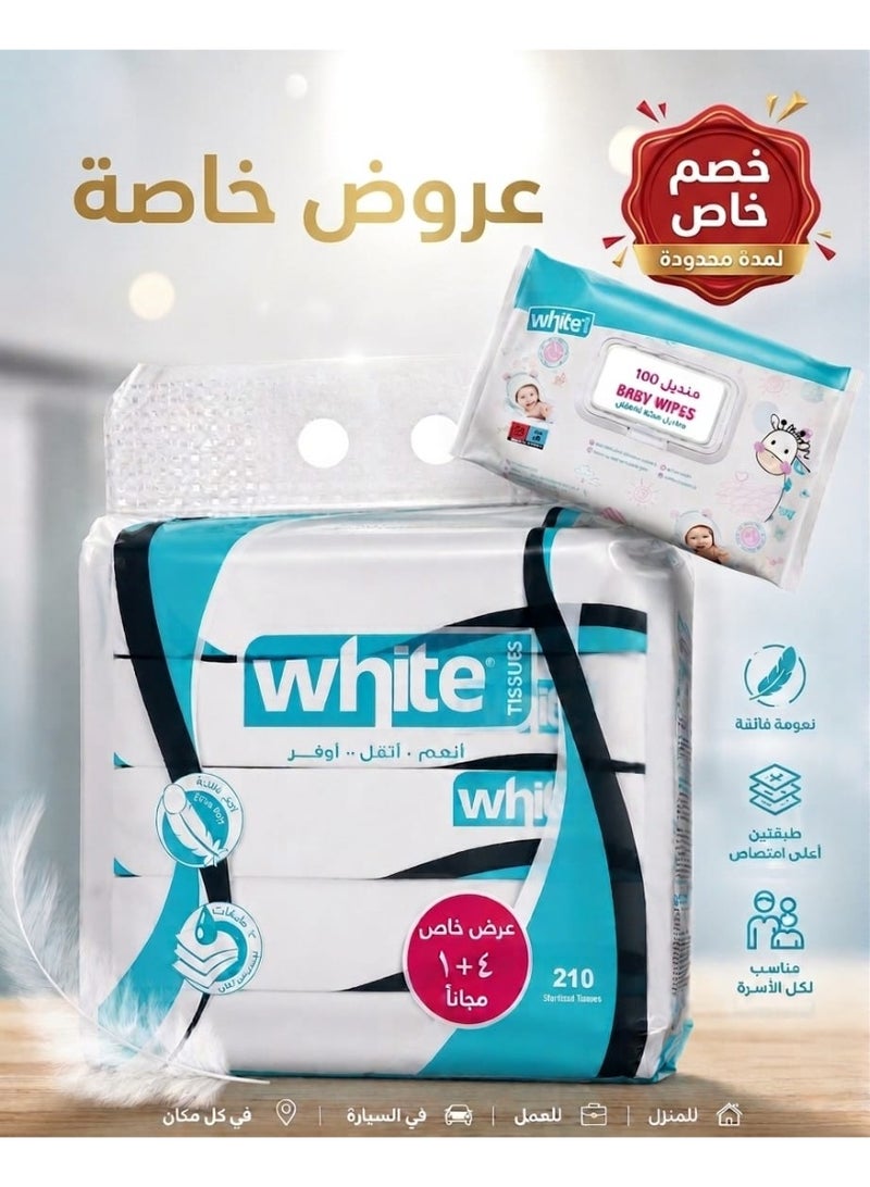 استمتع بنعومة فائقة مع باكت مناديل يحتوي علي 5 عبوات وايت ال210 منديل كل منديل 3طبقات، ومعه علبه مناديل مبلله عباره عن 100 منديل مبلل للأطفال. مناسب للاستخدام اليومي في المنزل والسيارة والعمل، بامتصاص عالٍ وملمس لطيف على البشرة.