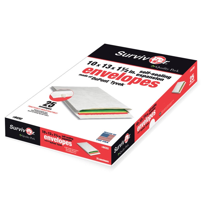 Quality Park Survivor Lightweight 14 lb Tyvek Open End 1.5" Expansion Mailers, 13 1/2, Square Flap, Redi-Strip Closure, 10 x 13, White, 25/Box - Image 2