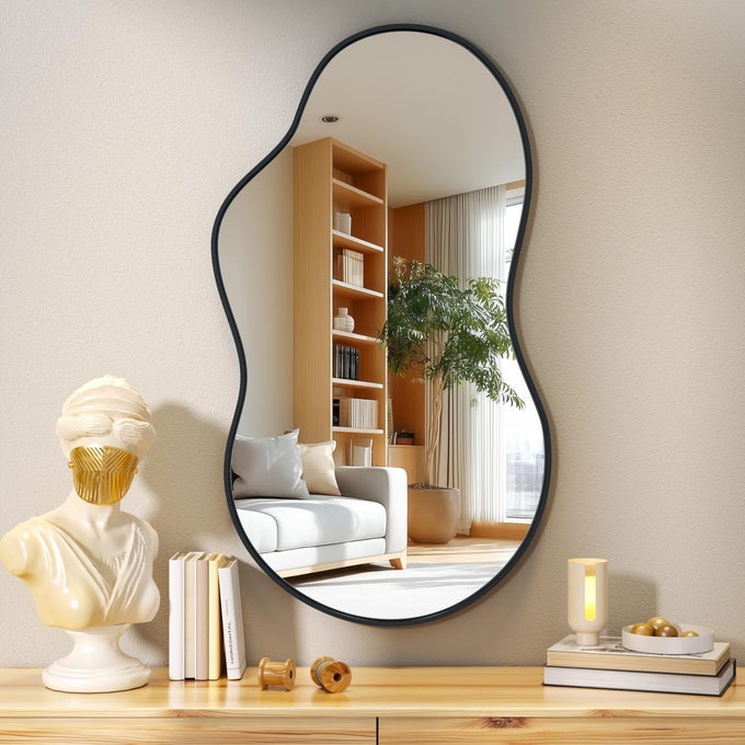 IRREGULAR WALL MIRROR 20X35 ASYMMETRICAL MIRROR MODERN DECORATIVE MIRRORS FOR LIVING ROOM ENTRYWAY HALLWAY BATHROOM BEDROOMWALL MOUNTED HOME DECOR BLACK