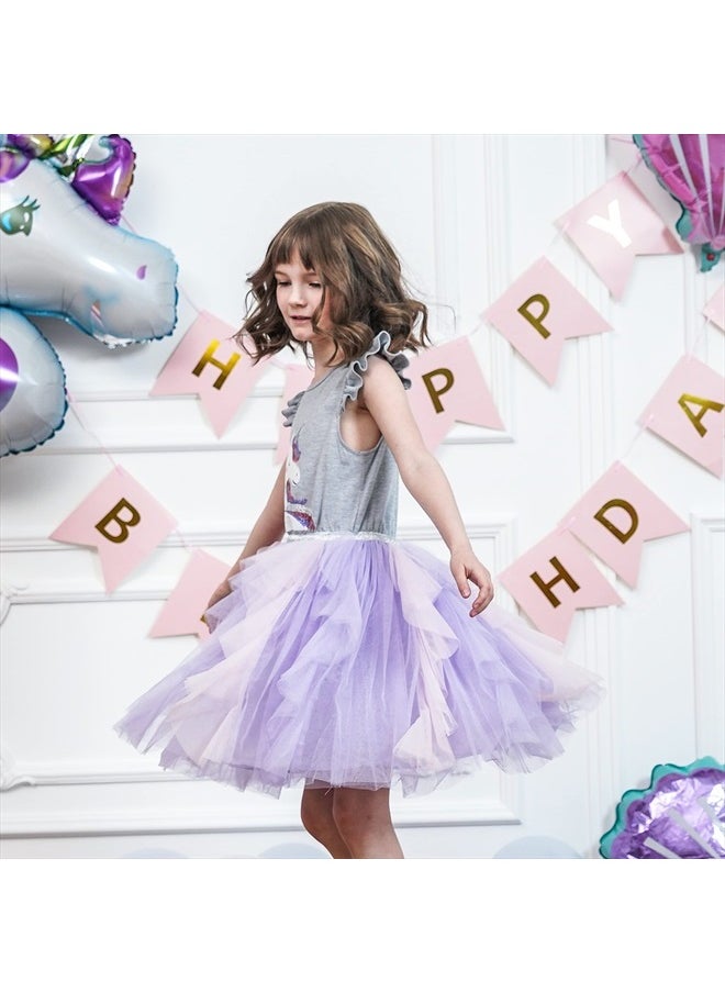 Sunny Fashion - Girls Dress Gray Unicorn Embroidered Purple Pleated Tulle Birthday Party Size 6 - Image 1