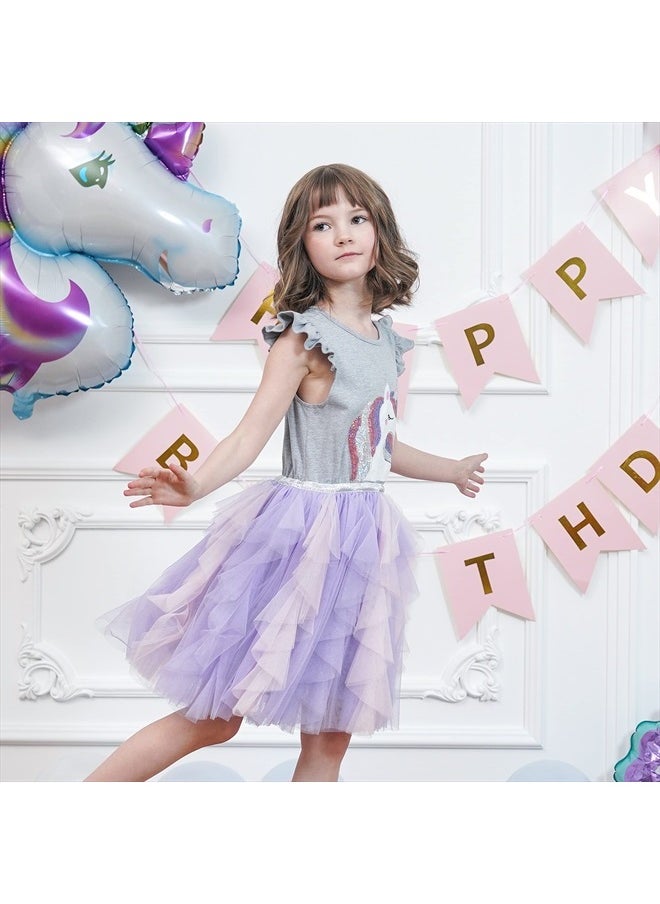 Sunny Fashion - Girls Dress Gray Unicorn Embroidered Purple Pleated Tulle Birthday Party Size 6 - Image 1