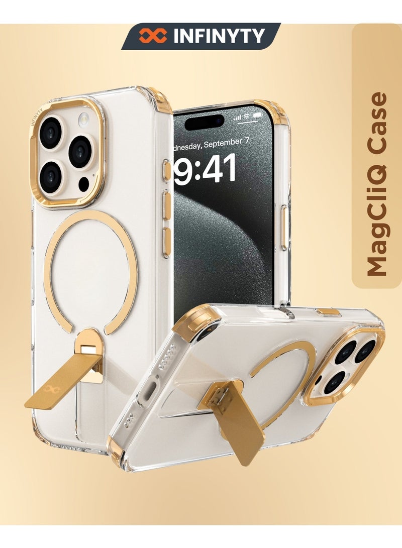 INFINYTY iPhone 16 Pro Transparent Case with Smart Metallic Stand– Aurum, Elegant Desert Titanium Metal Camera Frame Multi-Angle Stand, MagSafe Compatible, Mil. Grade Drop-Tested, Slim Design with Raised Edges - Image 1