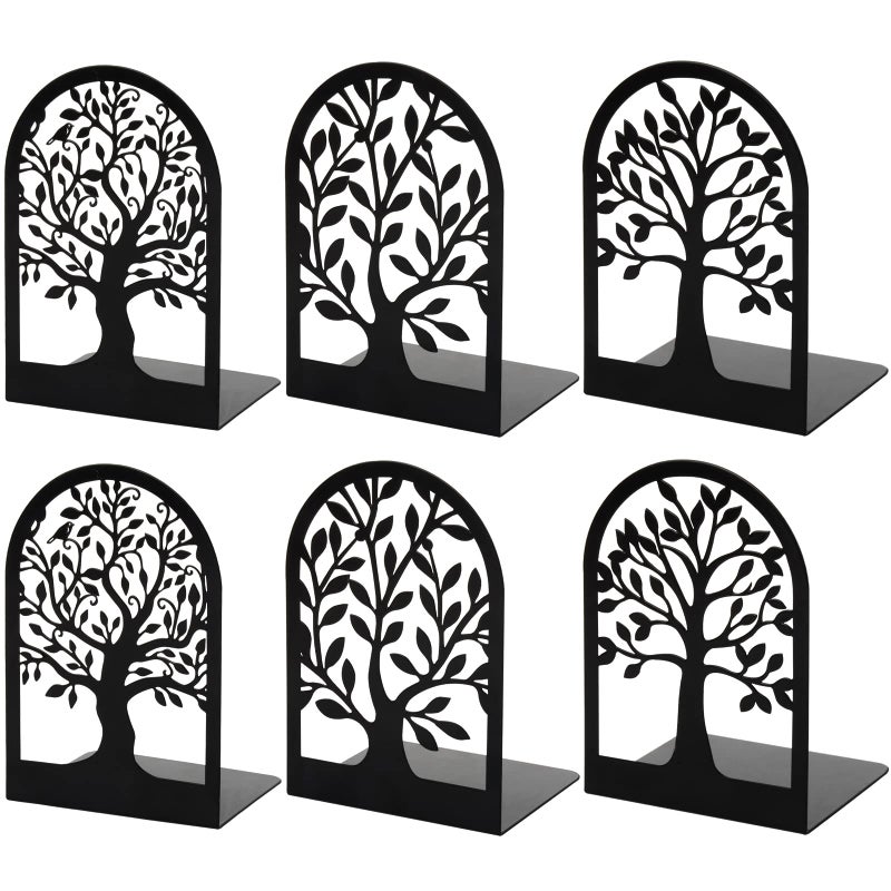 HappyHapi Book Ends Metal Bookends for Shelves Decorative Tree Stopper for Heavy Books Black Ends to Hold Books for Home Office 65 X 47 X 35 Inch3 Pairs6 Pcs Large