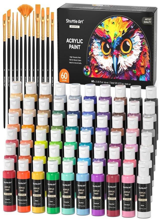 Shuttle Art 72 Pack Acrylic Paint Set, Shuttle Art 60 Colors Acrylic Paint Including Extra White Black & 12 Brushes, 2oz/60ml, Rich Pigmented, Water Proof, Ideal for Artists, Beginners on Canvas Rock Wood Ceramic - Image 1