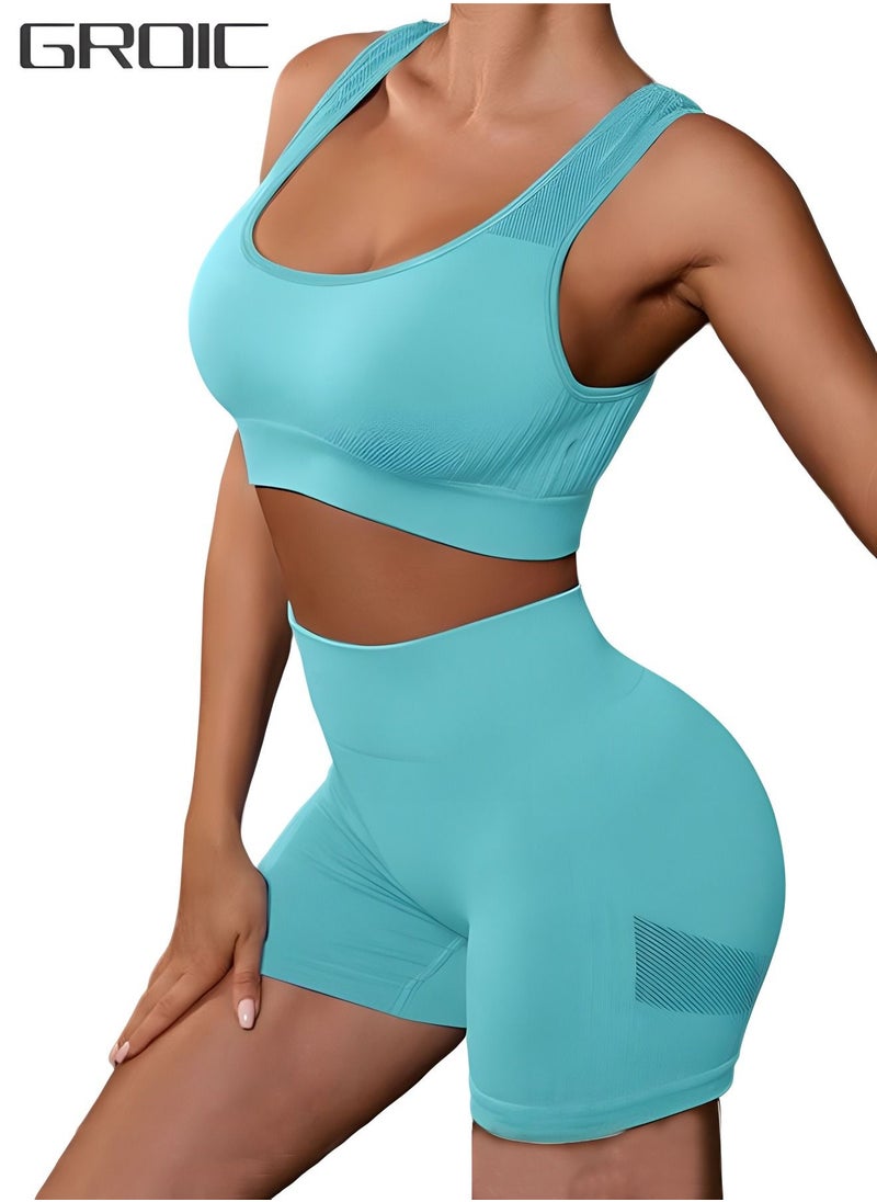 GROIC Workout Sets for Women 2 Piece Seamless Ribbed Crop Tank High Waist Shorts Yoga Outfits(L)  - Image 1