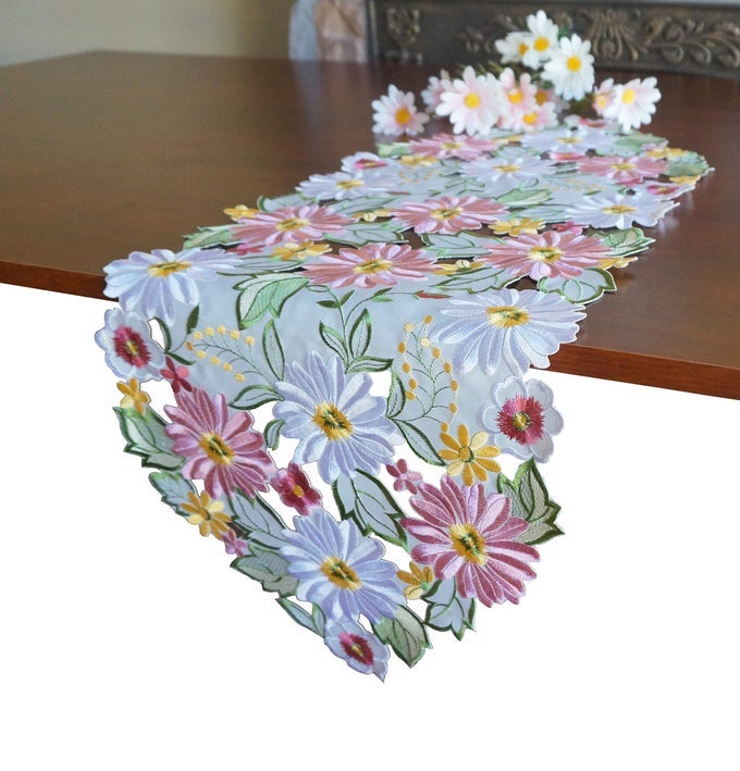 SPRING TABLE RUNNER 1334 EMBROIDERED FLOWERY APPLIQUE FLORAL DAISY CUTWORK TABLE LINEN HOME KITCHEN DINING TABLETOP DECORATION