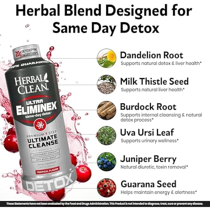 Herbal Clean Same Day Ultra Eliminex Detox Cleanse Drink* (32 fl oz) - Tropical Fruit Flavor Full Body Cleanse Detox Drink with Milk Thistle Seed* for high Toxin*, Vitamin B12 for Men & Women - Image 4