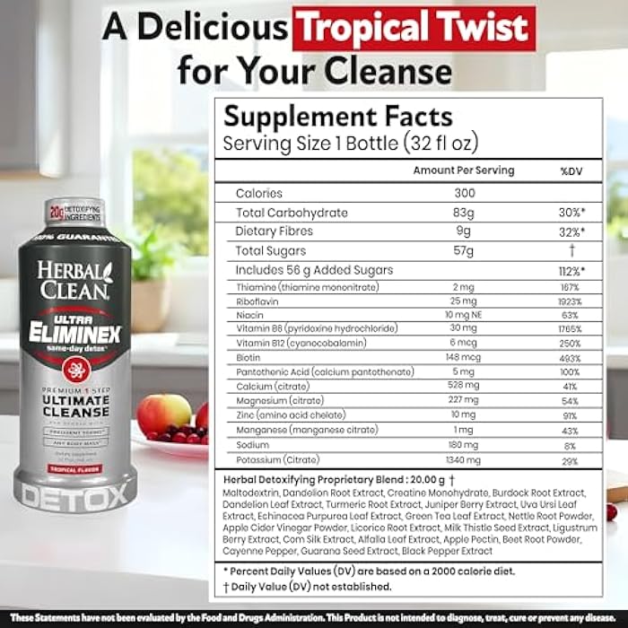 Herbal Clean Same Day Ultra Eliminex Detox Cleanse Drink* (32 fl oz) - Tropical Fruit Flavor Full Body Cleanse Detox Drink with Milk Thistle Seed* for high Toxin*, Vitamin B12 for Men & Women - Image 3