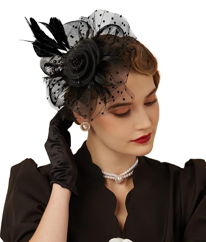 Dwariyan Fascinator Hat for Women, Black Flower Feathers Headband with Mesh Veil, Vintage Hair Clip for Tea Party, Cocktail, Wedding, Halloween - Elegant Ladies (Pack of 1) - Image 2