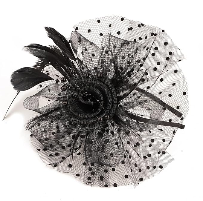 Dwariyan Fascinator Hat for Women, Black Flower Feathers Headband with Mesh Veil, Vintage Hair Clip for Tea Party, Cocktail, Wedding, Halloween - Elegant Ladies (Pack of 1) - Image 3