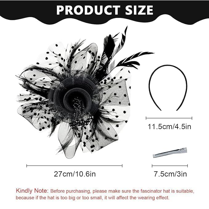 Dwariyan Fascinator Hat for Women, Black Flower Feathers Headband with Mesh Veil, Vintage Hair Clip for Tea Party, Cocktail, Wedding, Halloween - Elegant Ladies (Pack of 1) - Image 5