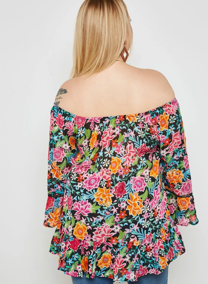 EVANS Floral Print Flamenco Sleeve Bardot Top