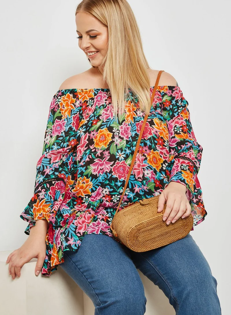 EVANS Floral Print Flamenco Sleeve Bardot Top