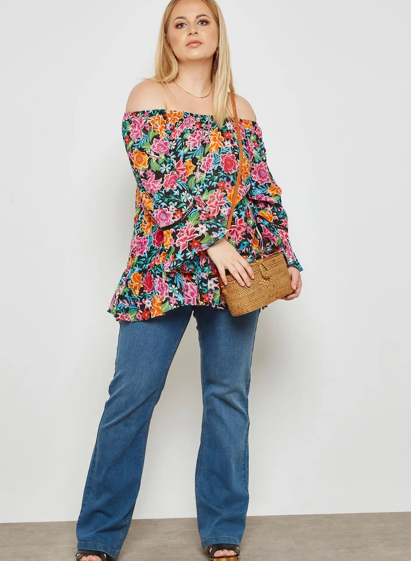 EVANS Floral Print Flamenco Sleeve Bardot Top