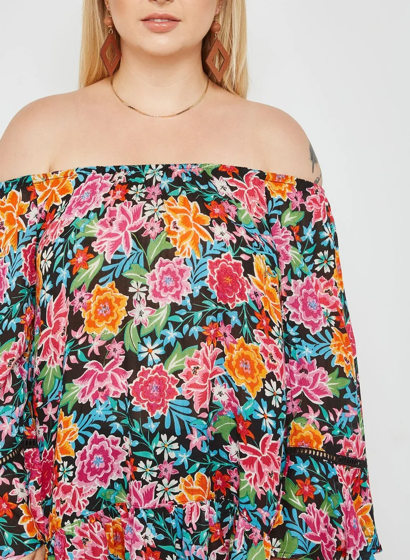 EVANS Floral Print Flamenco Sleeve Bardot Top