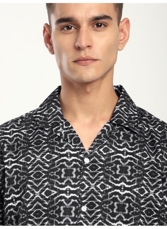 Beyoung Black and White Printed Cuban Shirt  - Image 1