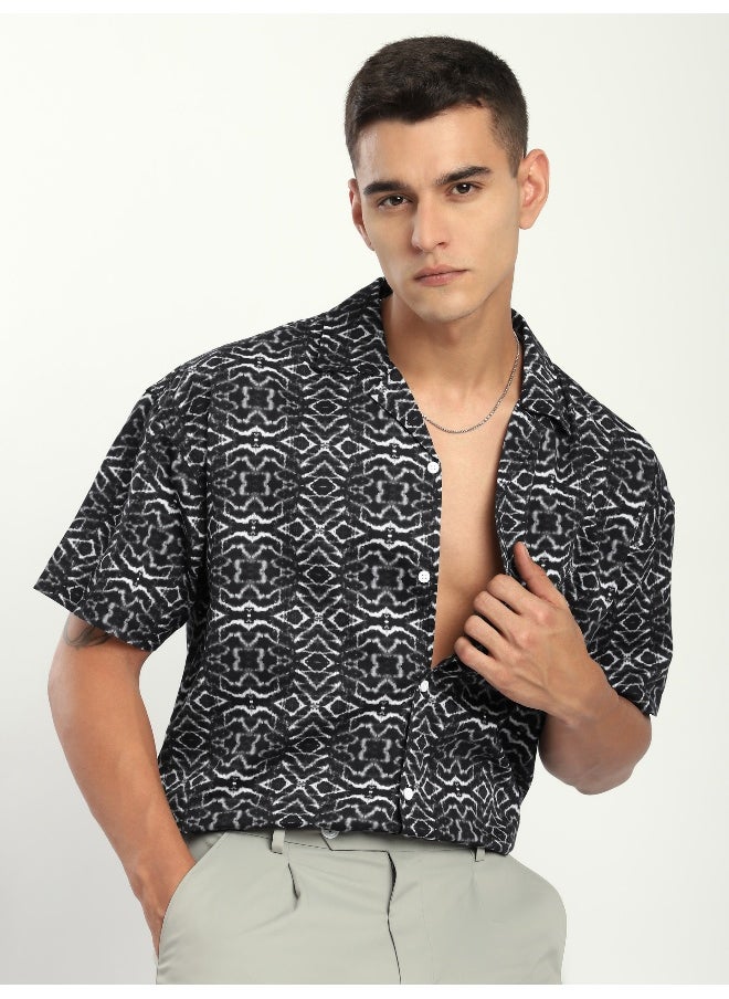 Beyoung Black and White Printed Cuban Shirt  - Image 2