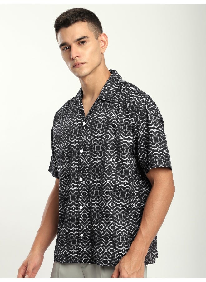 Beyoung Black and White Printed Cuban Shirt  - Image 5
