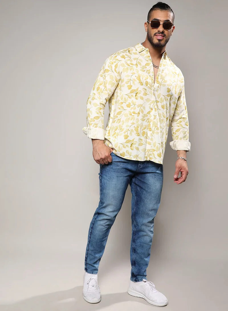 Instafab Plus Instafab Plus Men's Yellow Artistic Foliage Print Button Up Plus-Size Fit Shirt For Casual Wear | Heavy Rayon Spread Collar Shirt Crafted With Regular Sleeve & Comfort Fit For Everyday Wear