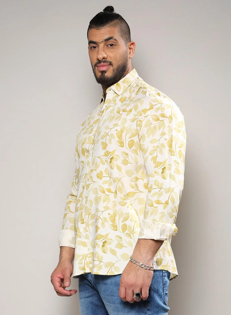 Instafab Plus Instafab Plus Men's Yellow Artistic Foliage Print Button Up Plus-Size Fit Shirt For Casual Wear | Heavy Rayon Spread Collar Shirt Crafted With Regular Sleeve & Comfort Fit For Everyday Wear