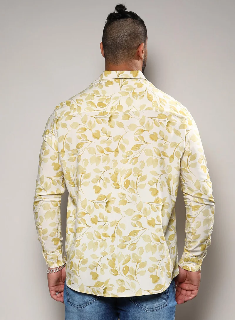 Instafab Plus Instafab Plus Men's Yellow Artistic Foliage Print Button Up Plus-Size Fit Shirt For Casual Wear | Heavy Rayon Spread Collar Shirt Crafted With Regular Sleeve & Comfort Fit For Everyday Wear
