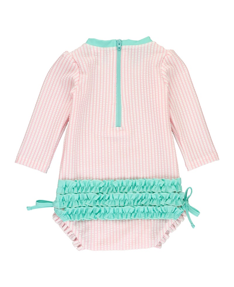 RuffleButts Pink Seersucker Long Sleeve One Piece Rash Guard - 18-24m - Image 4