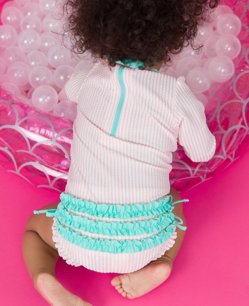 RuffleButts Pink Seersucker Long Sleeve One Piece Rash Guard - 18-24m - Image 3