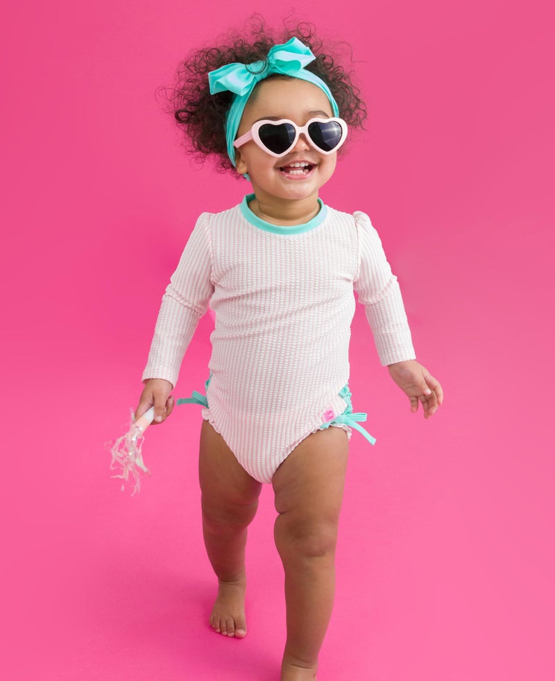 RuffleButts Pink Seersucker Long Sleeve One Piece Rash Guard - 18-24m - Image 2
