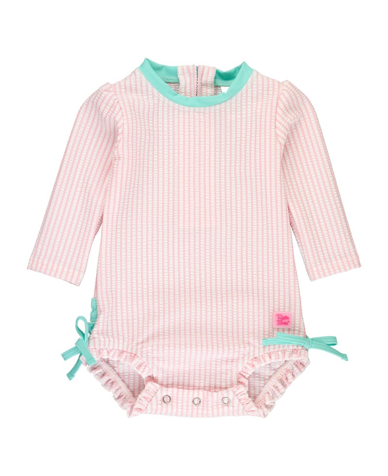 RuffleButts Pink Seersucker Long Sleeve One Piece Rash Guard - 18-24m - Image 1