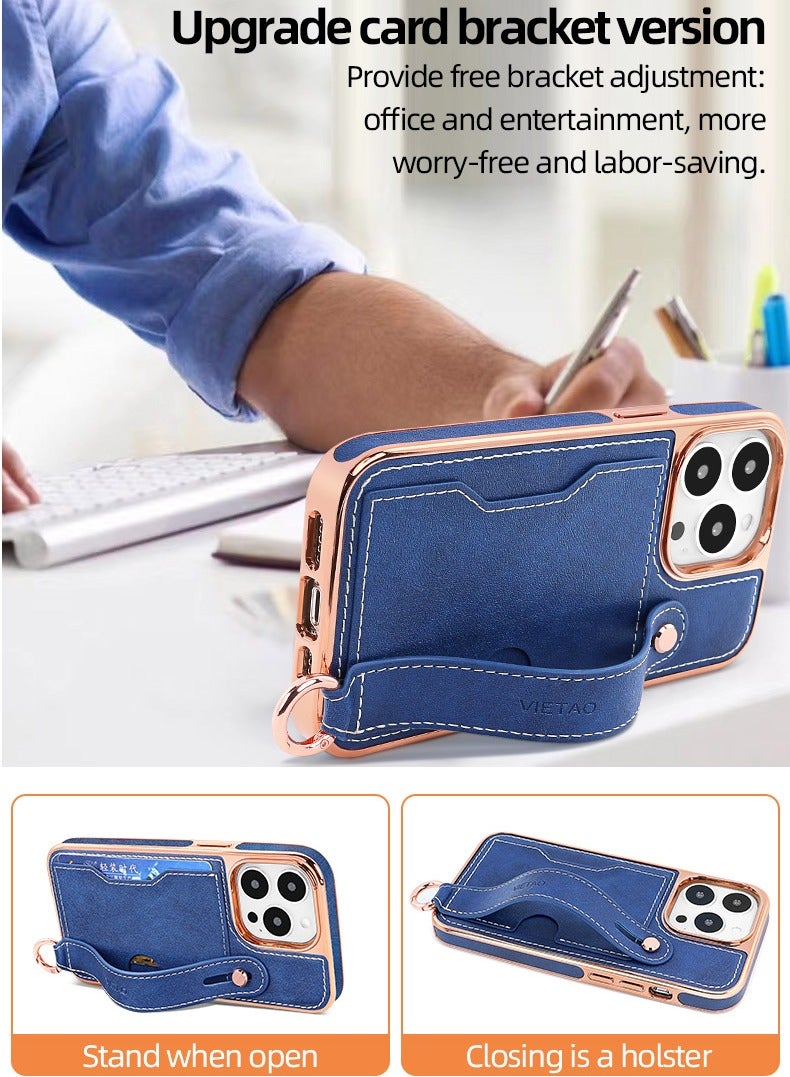 Color Fans Luxury Leather Hand Strap Card Slot Case Compatible with iPhone 13 Pro Max 6.7 inch with Shockproof Kickstand Lanyard Cover Blue/Gold  - Image 4
