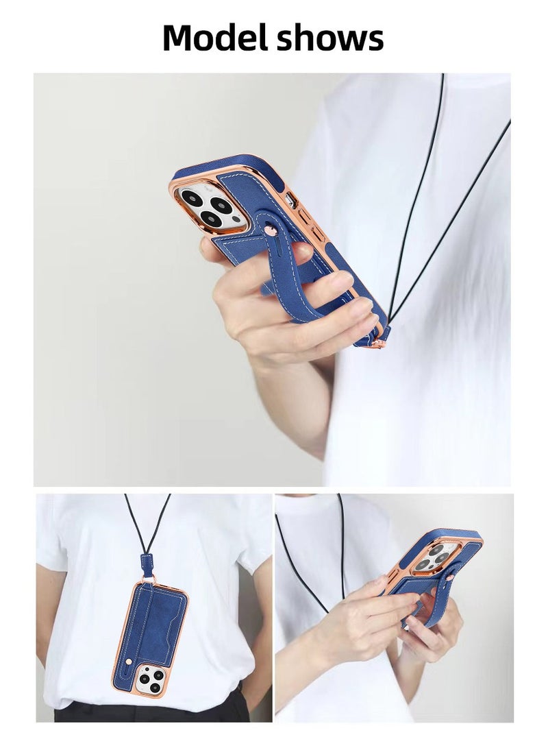 Color Fans Luxury Leather Hand Strap Card Slot Case Compatible with iPhone 13 Pro Max 6.7 inch with Shockproof Kickstand Lanyard Cover Blue/Gold  - Image 5