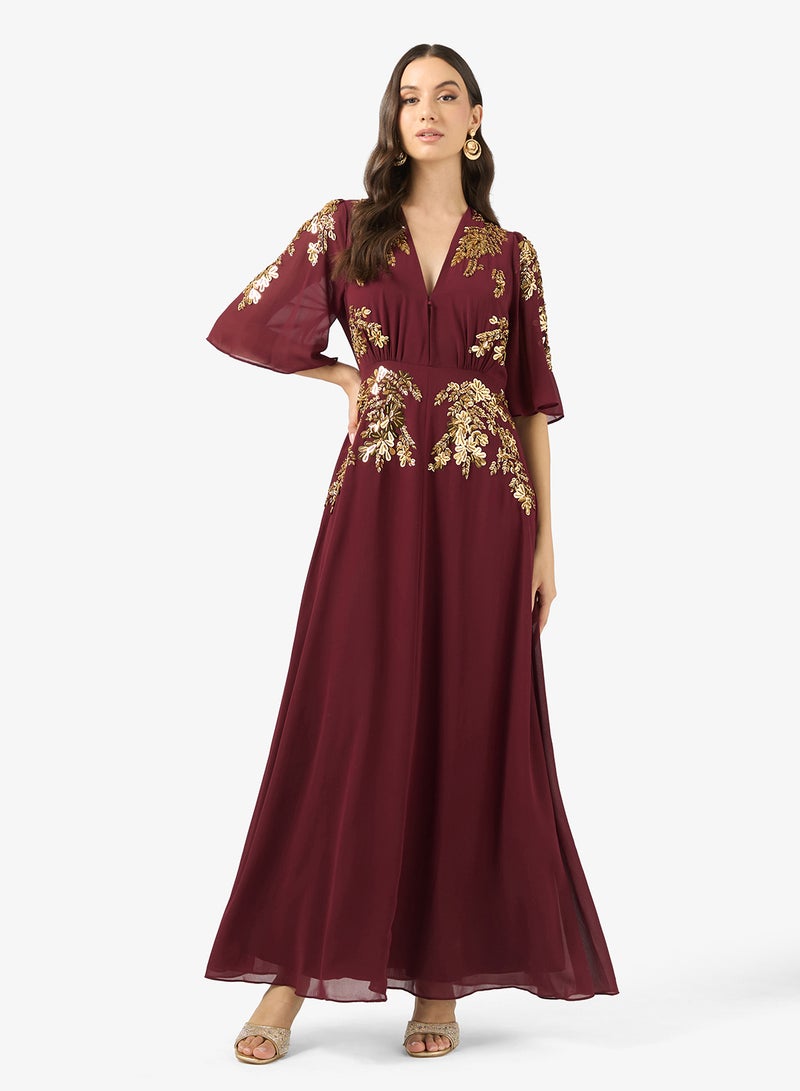 Hope & Ivy Plunge Front Embellished   Flutter Sleeve Maxi Dress - Image 1