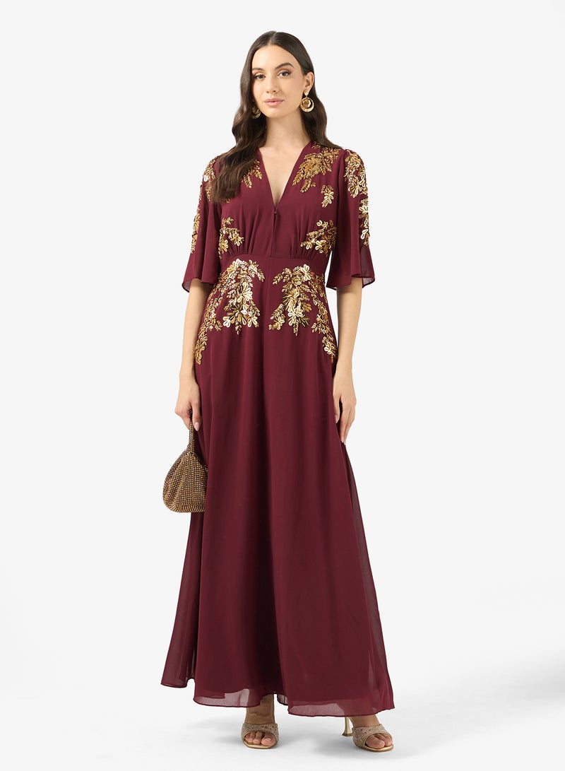 Hope & Ivy Plunge Front Embellished   Flutter Sleeve Maxi Dress - Image 4